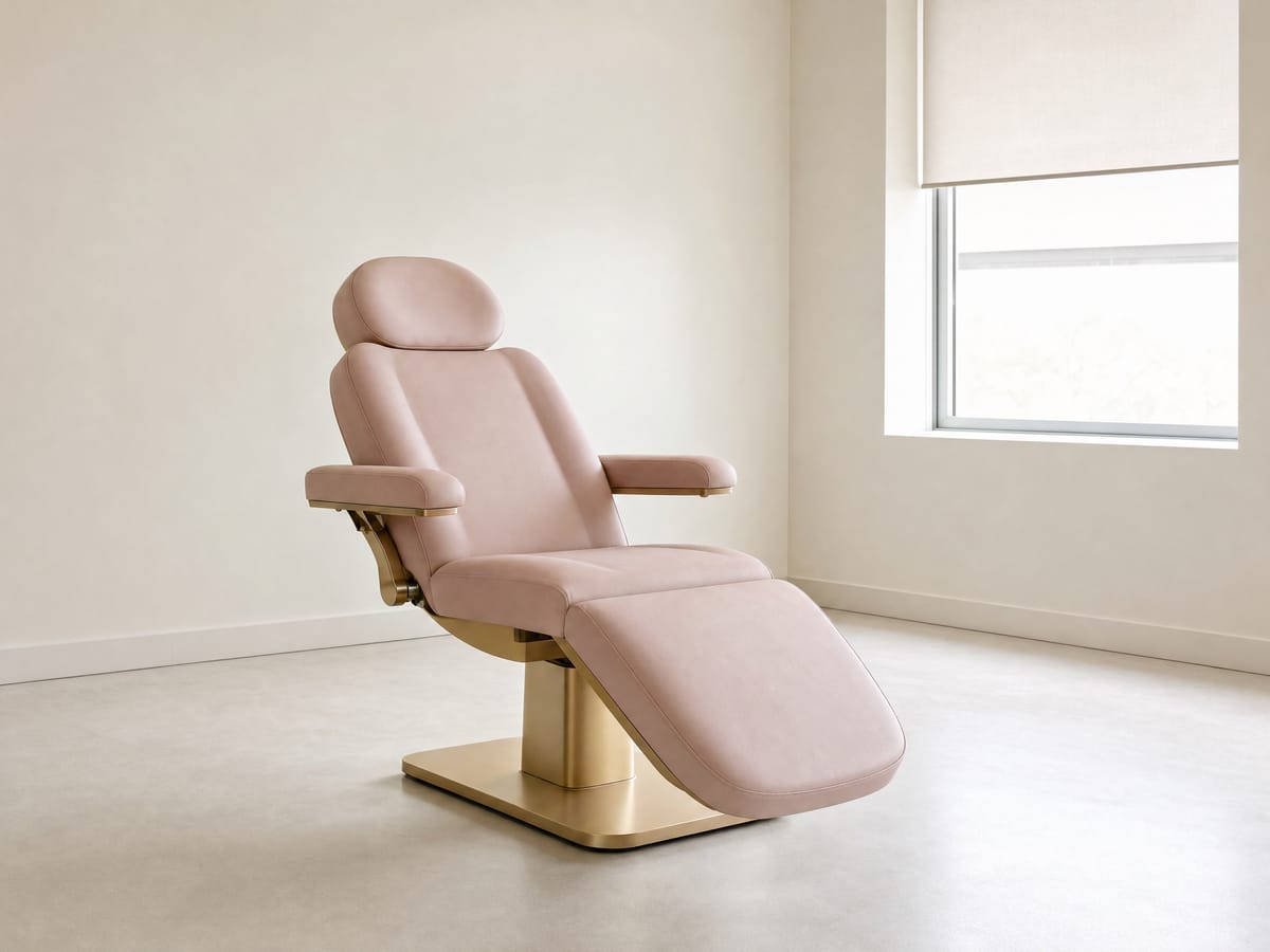 An empty treatment chair in a bright, minimal clinic room.